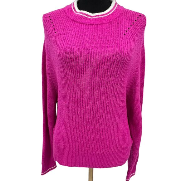 John + Jenn Hot Pink Varsity Pullover Crewneck Sweater Medium - Picture 1 of 5